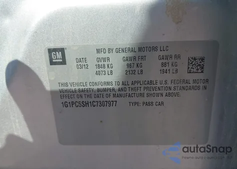 2012 Chevrolet Cruze Ls из США, поврежденный, VIN 1G1PC5SH1C7307977